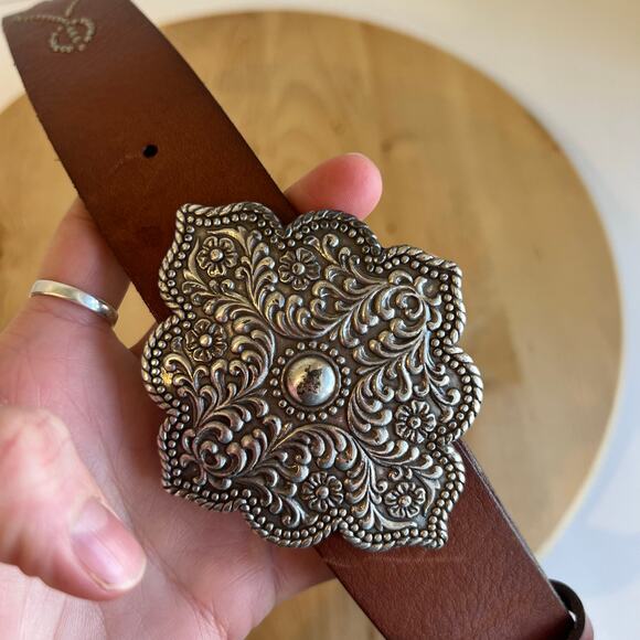 Fossil Brown Genuine Leather Silver Studded Indie Chunky Buckle Belt Size Medium main image 6